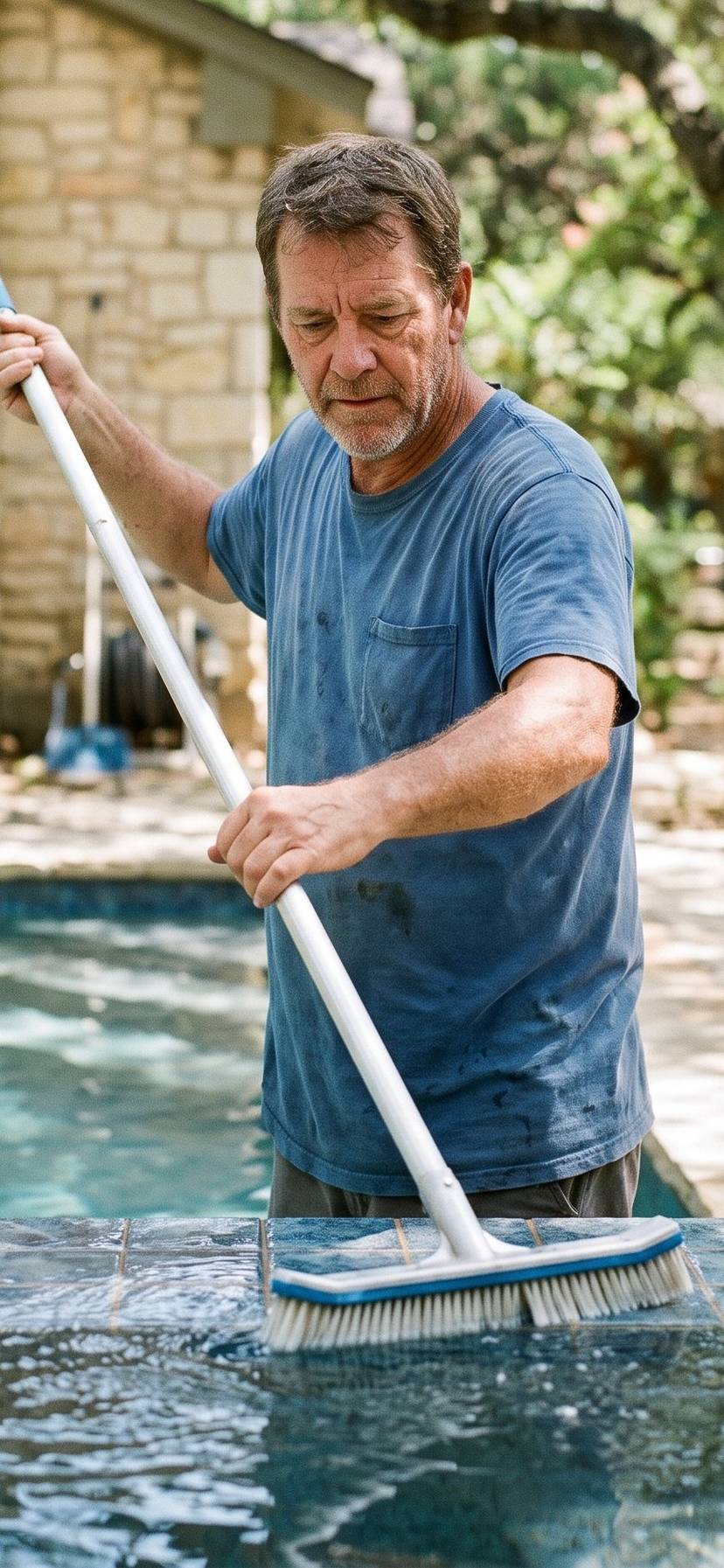 Technician performing weekly maintenance on a residential swimming pool in Austin, Texas