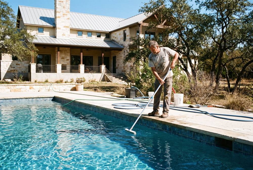 Technician testing pool water chemistry at a residential backyard pool in Cedar Park, Texas