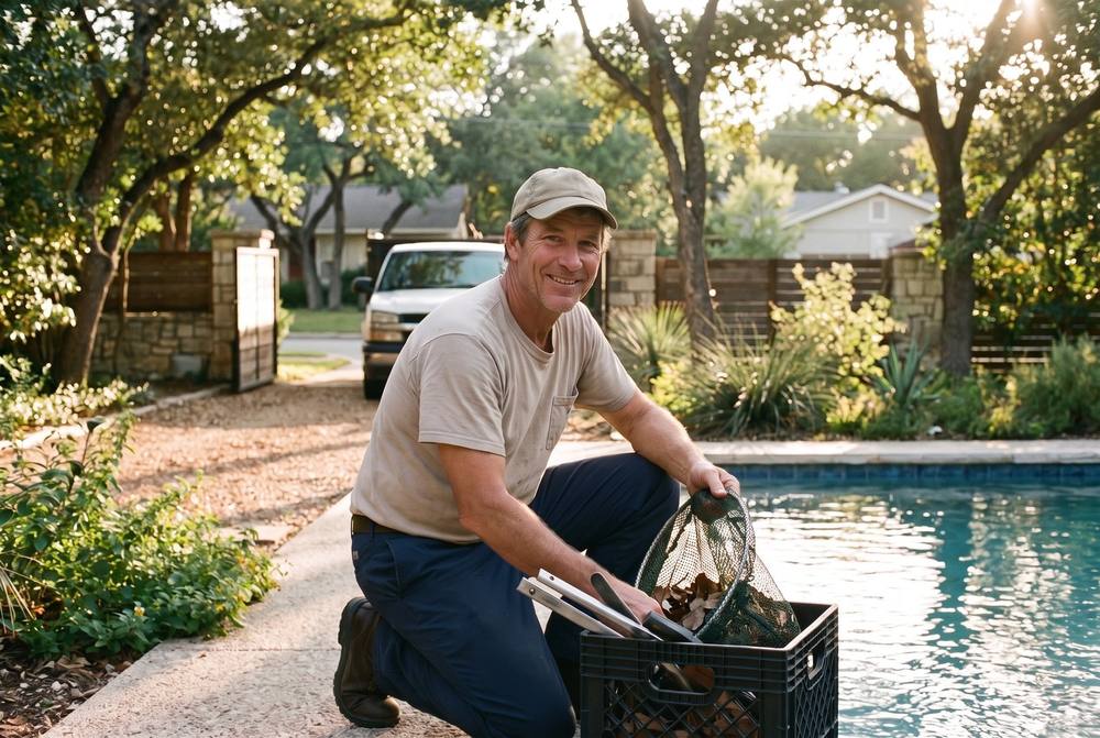 Pool technician skimming and testing water in a backyard pool in Georgetown, TX