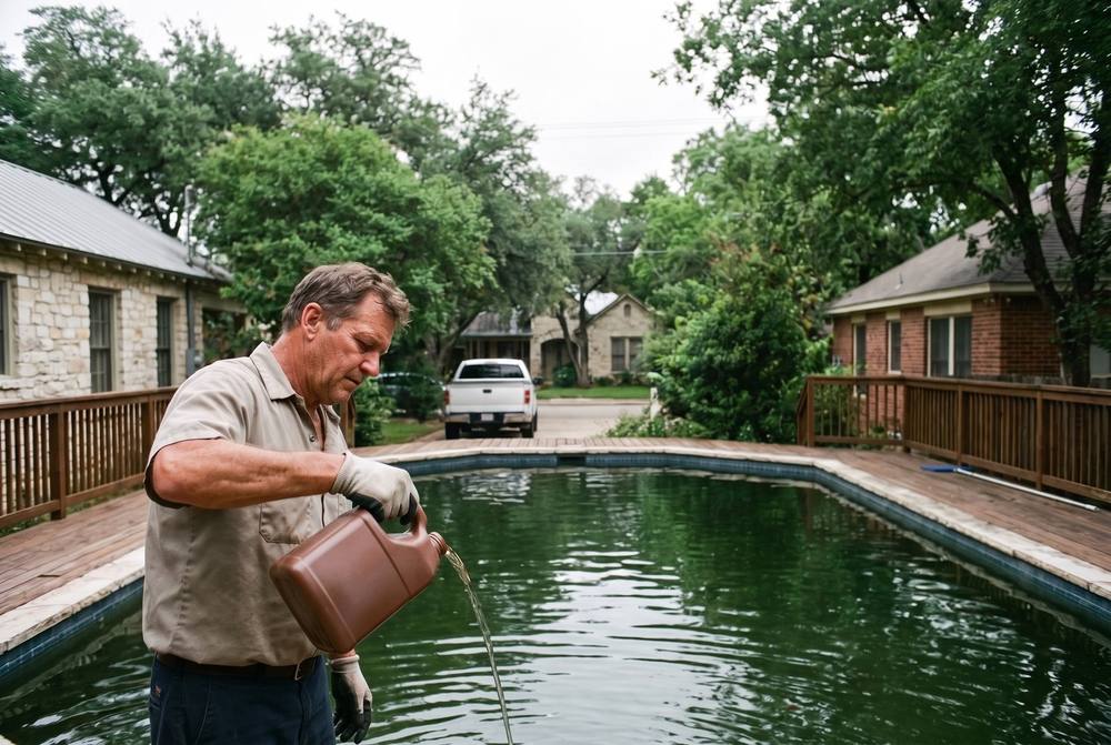 Licensed pool service technician cleaning and maintaining a residential swimming pool in Pflugerville, Texas