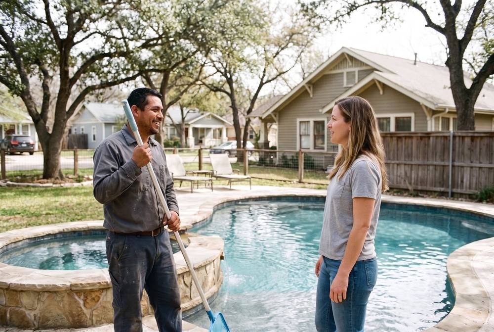 Green neglected backyard pool being cleaned by a licensed pool service technician in Round Rock, Texas