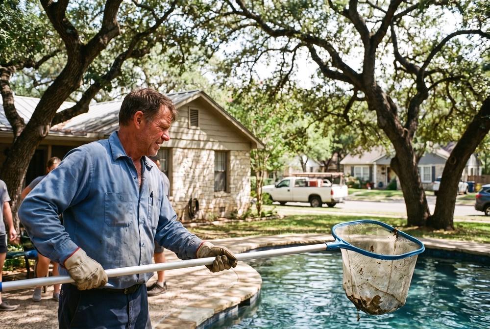 Technician testing Austin pool water chemistry after heavy rain storm